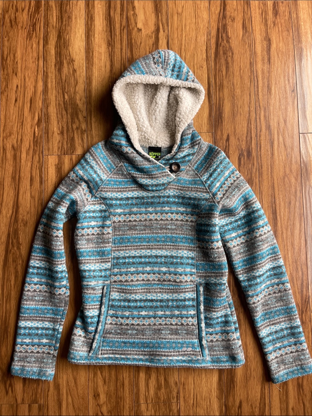 Koppen Teal and Gray Patterned Cowl Hoodie Sweater